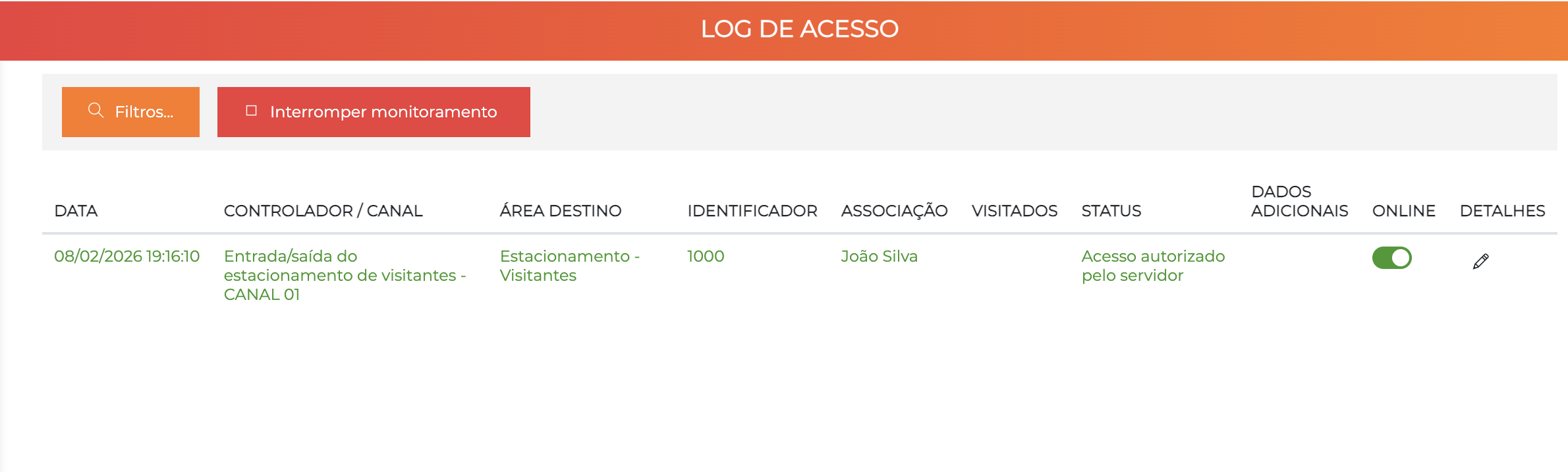 Log de acesso mostrando evento autorizado