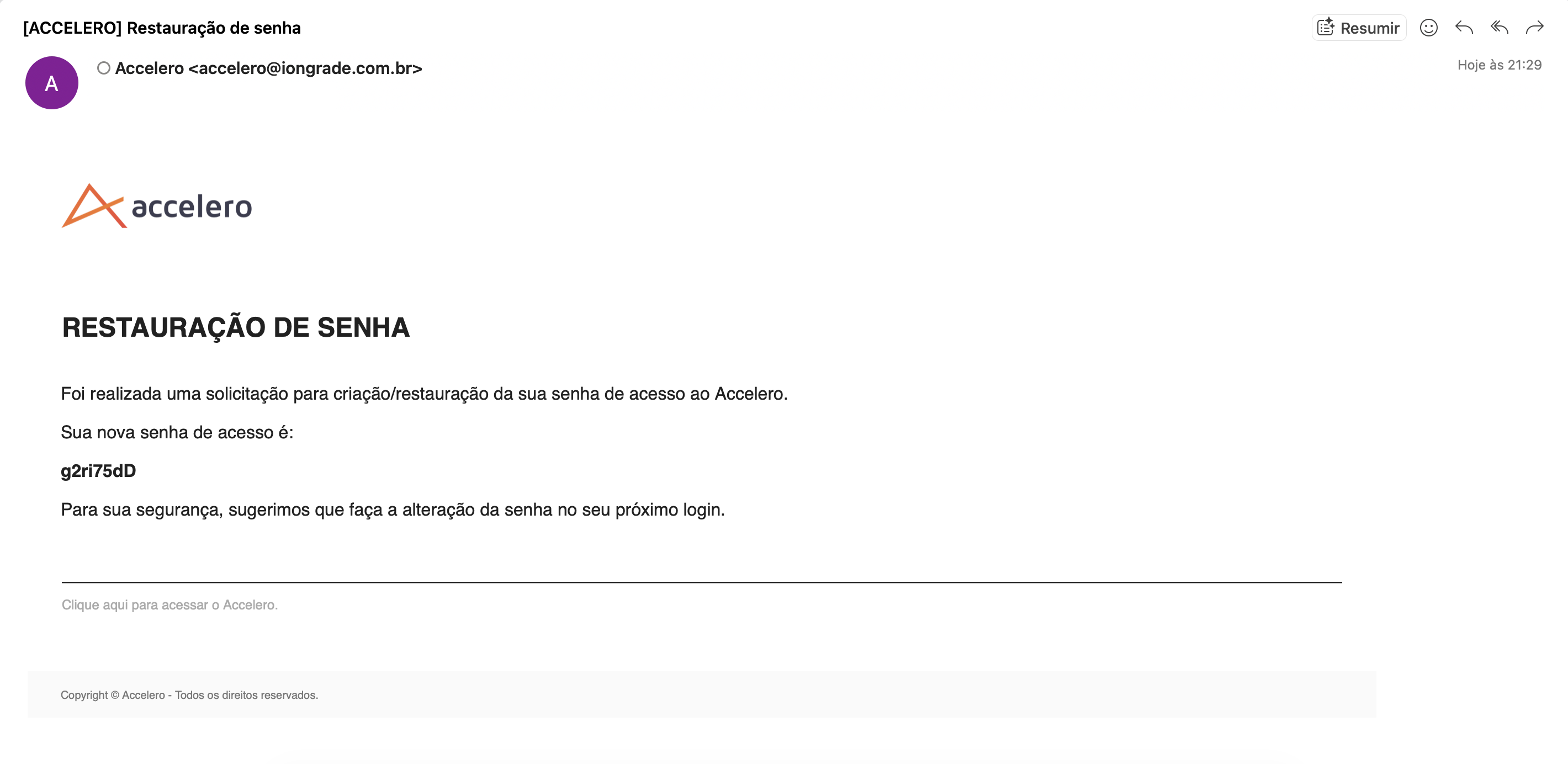 E-mail com senha temporária
