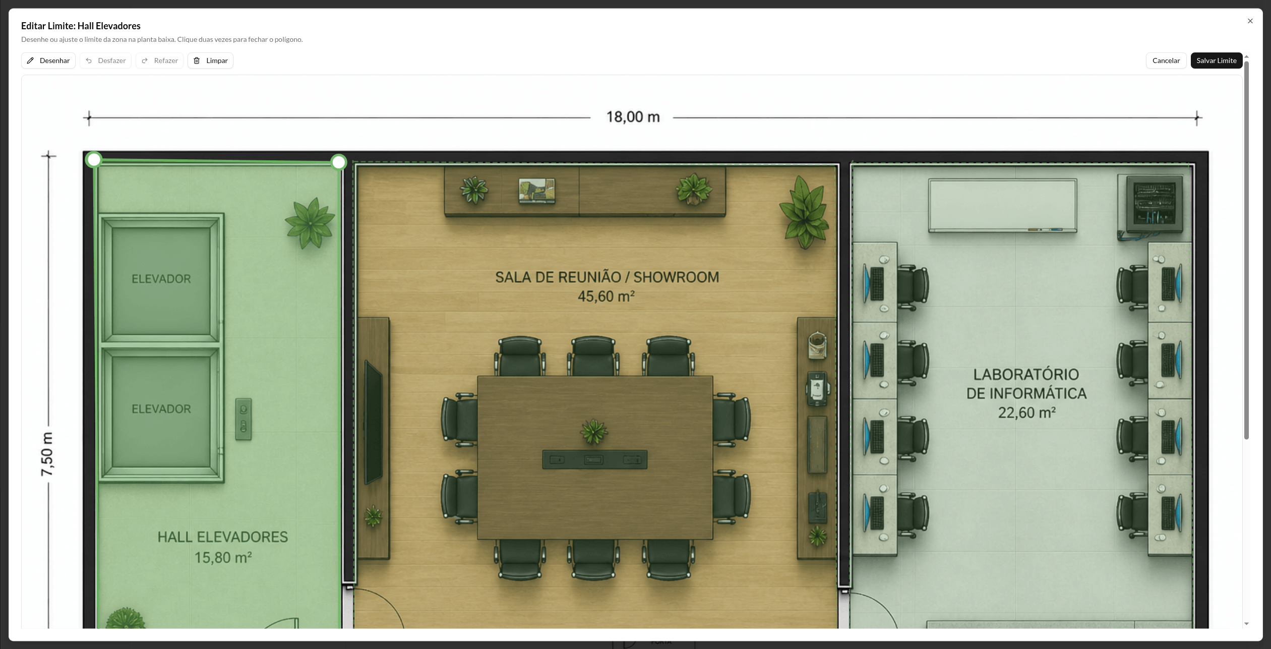 Editor de contorno desenhando os limites (polígono) de uma zona sobre a planta baixa