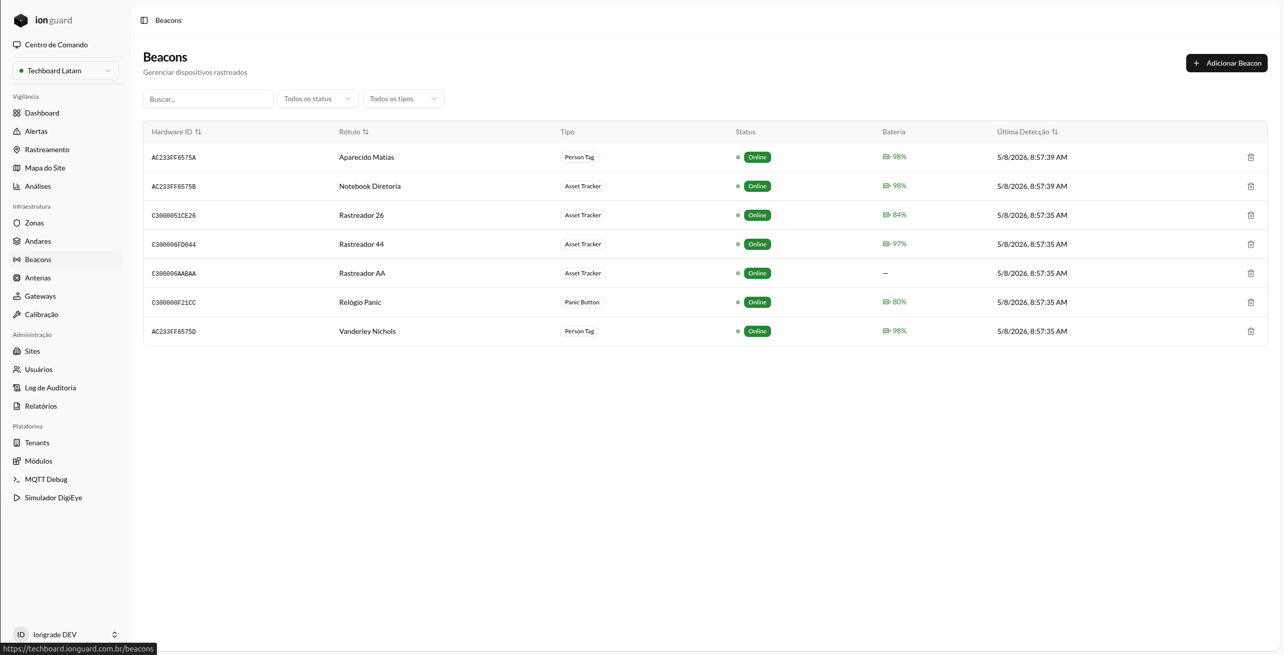 Lista de beacons com status, bateria e tipo