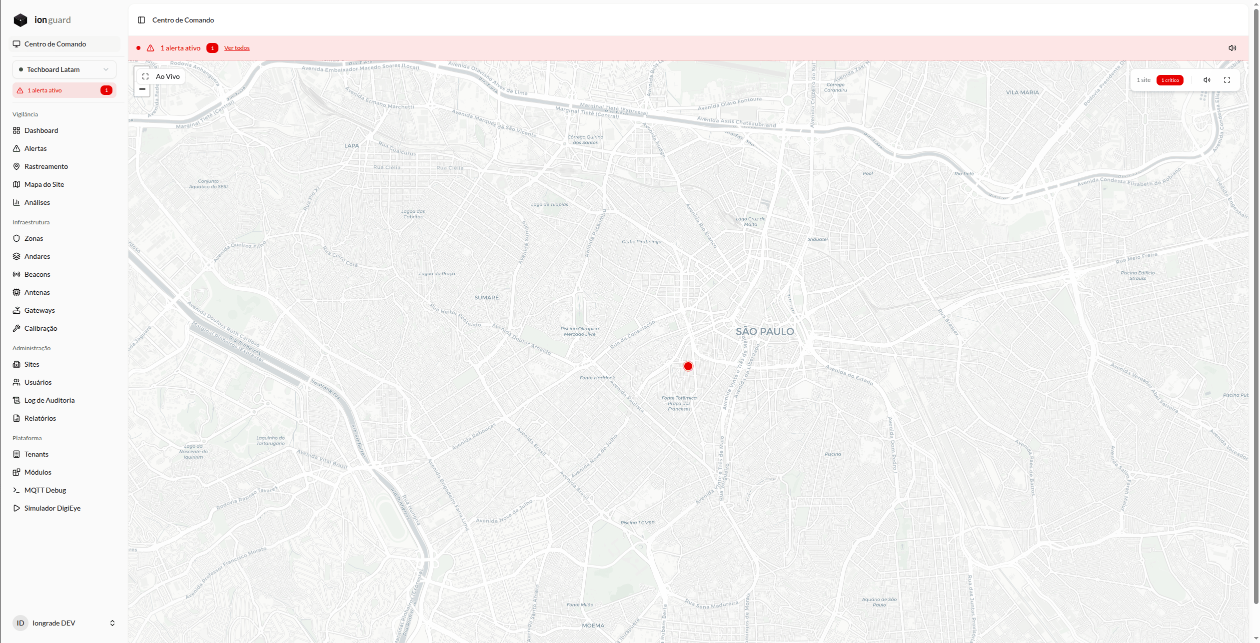 Centro de Comando durante alerta de pânico — banner e destaque no mapa