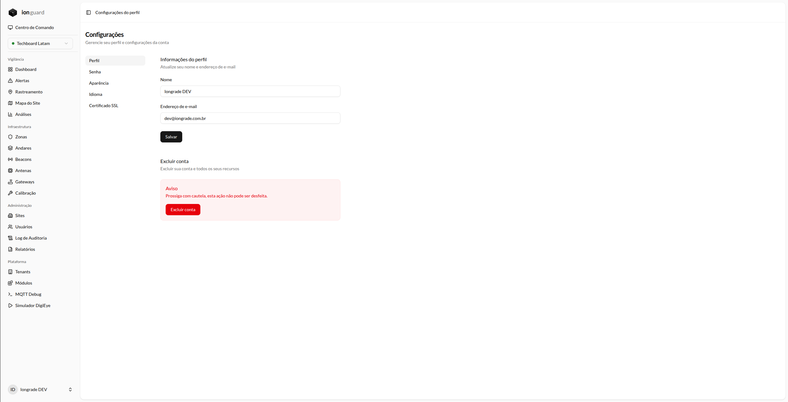 Configurações de perfil — nome, e-mail e exclusão de conta