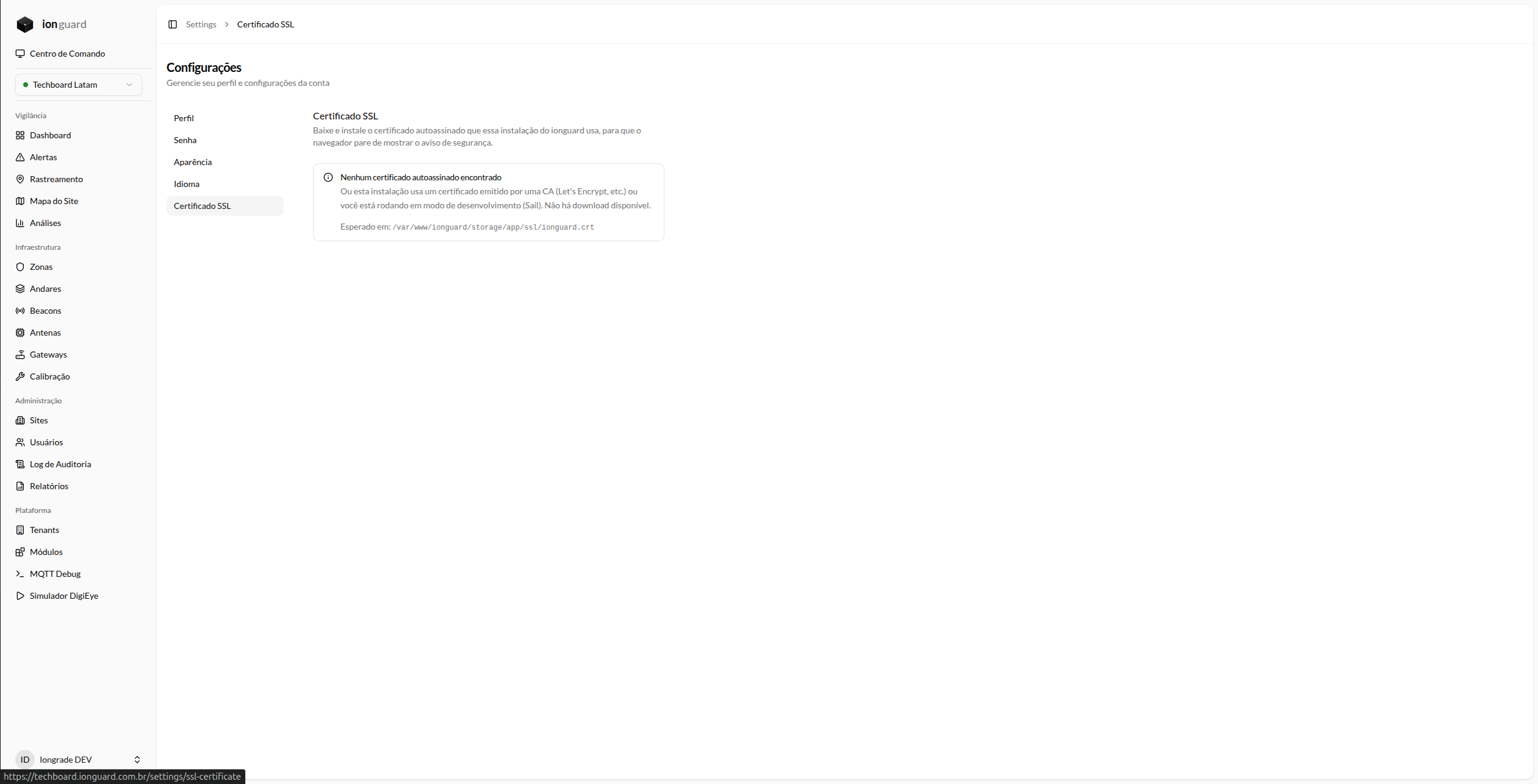 Página de certificado SSL com status e informações