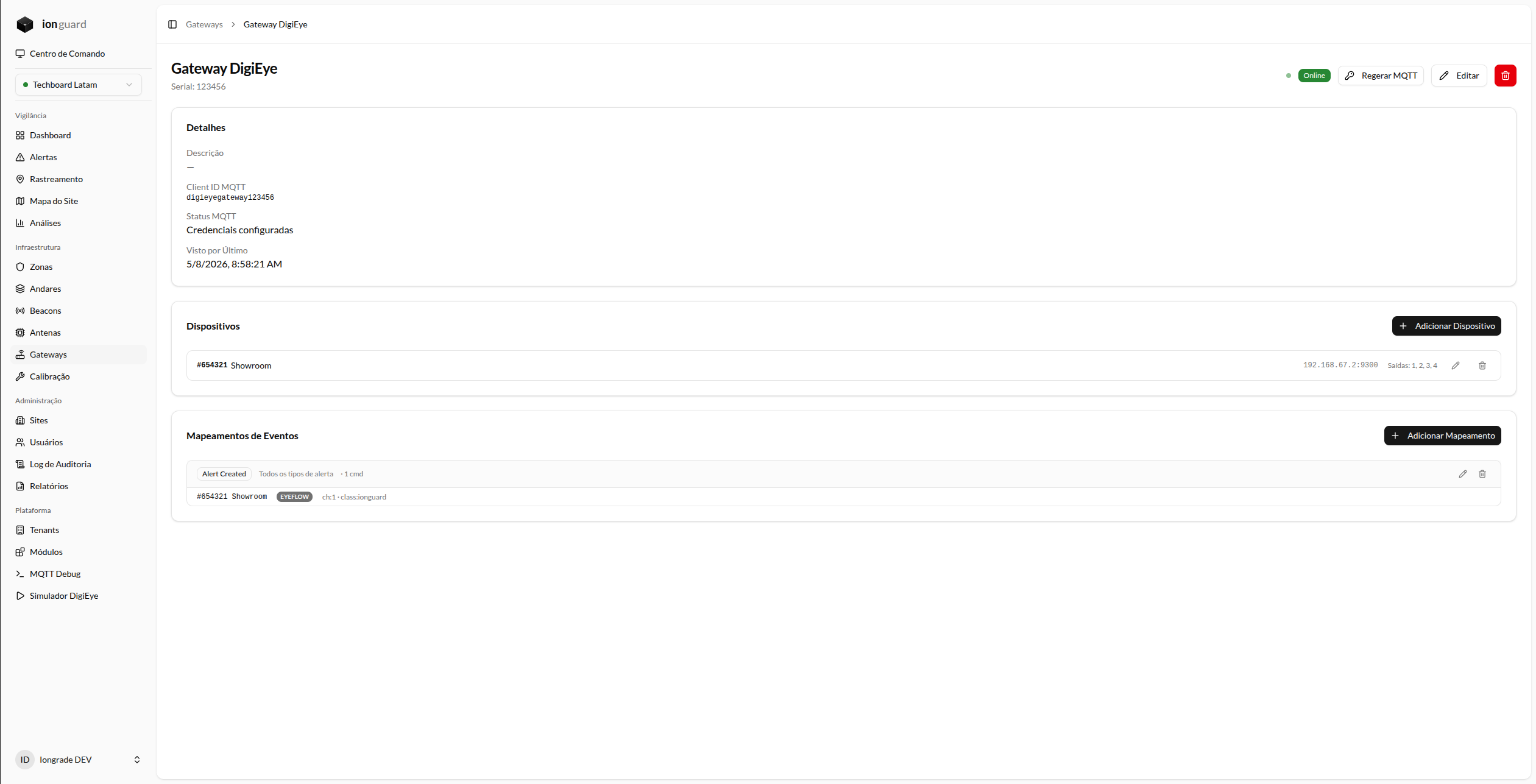 Detalhe do gateway com seus dispositivos e as informações de conexão MQTT