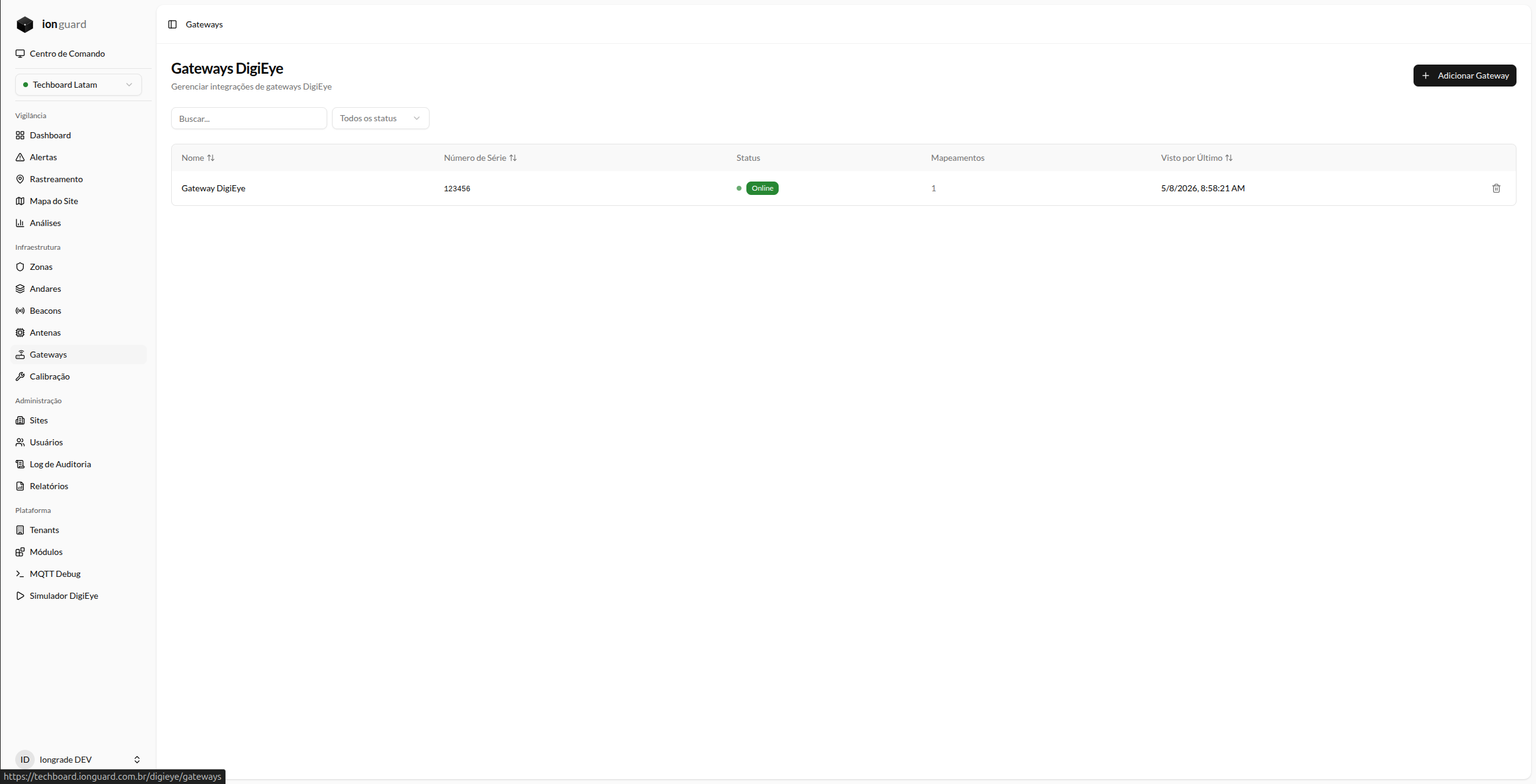 Lista de gateways DigiEye com indicadores de status