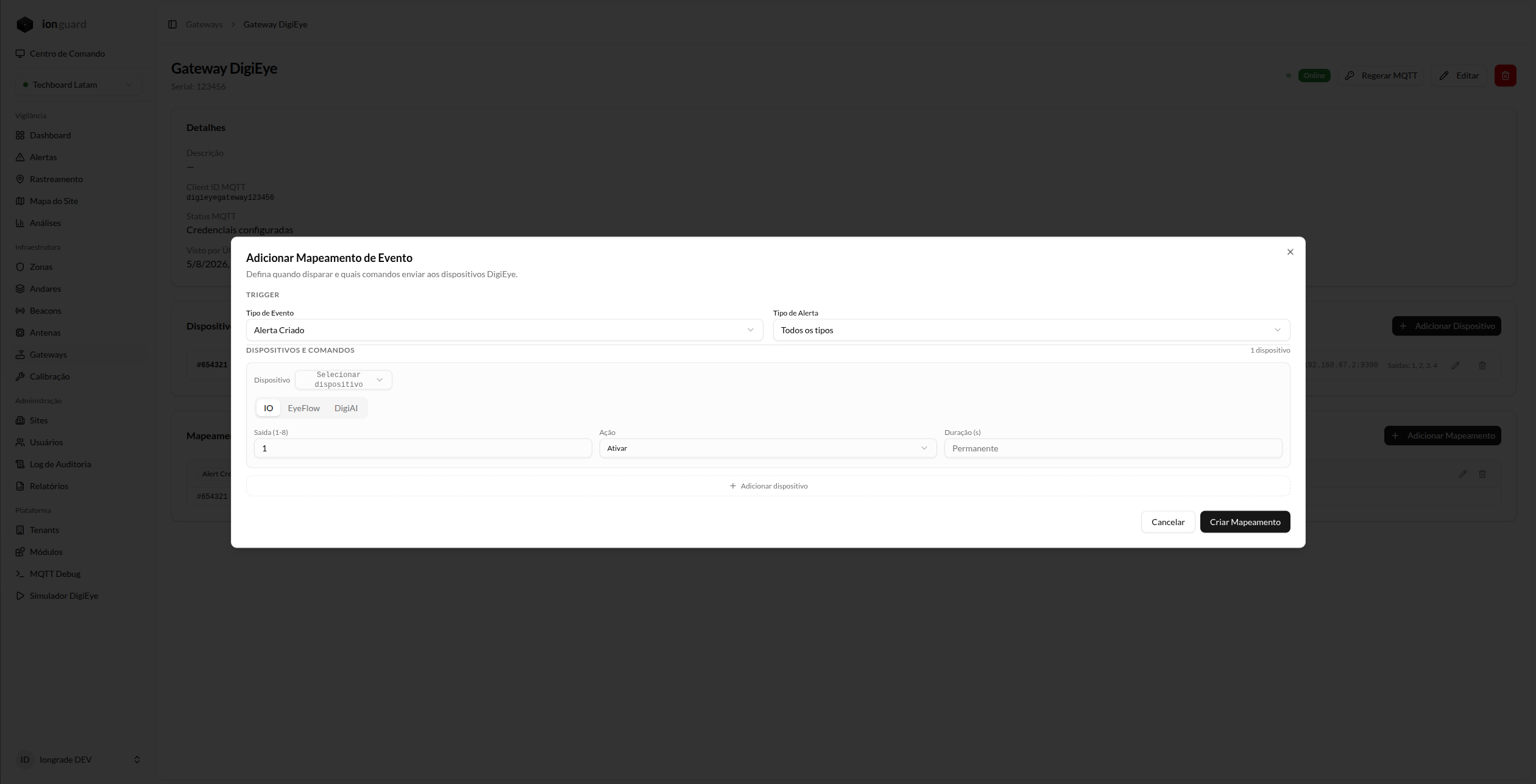 Modal de mapeamento de evento (trigger, dispositivos e tipo de comando)