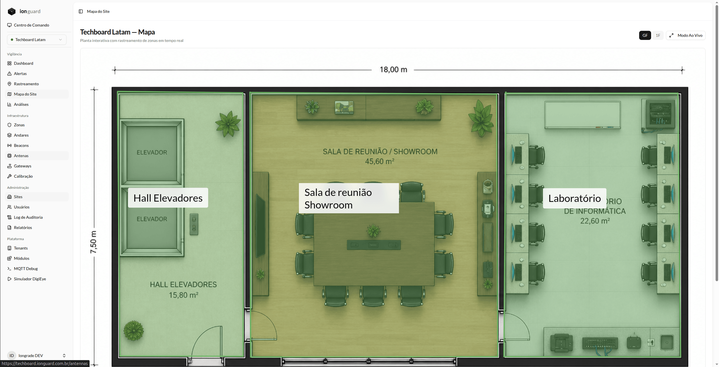 Mapa do site com as zonas desenhadas como polígonos sobre a planta baixa