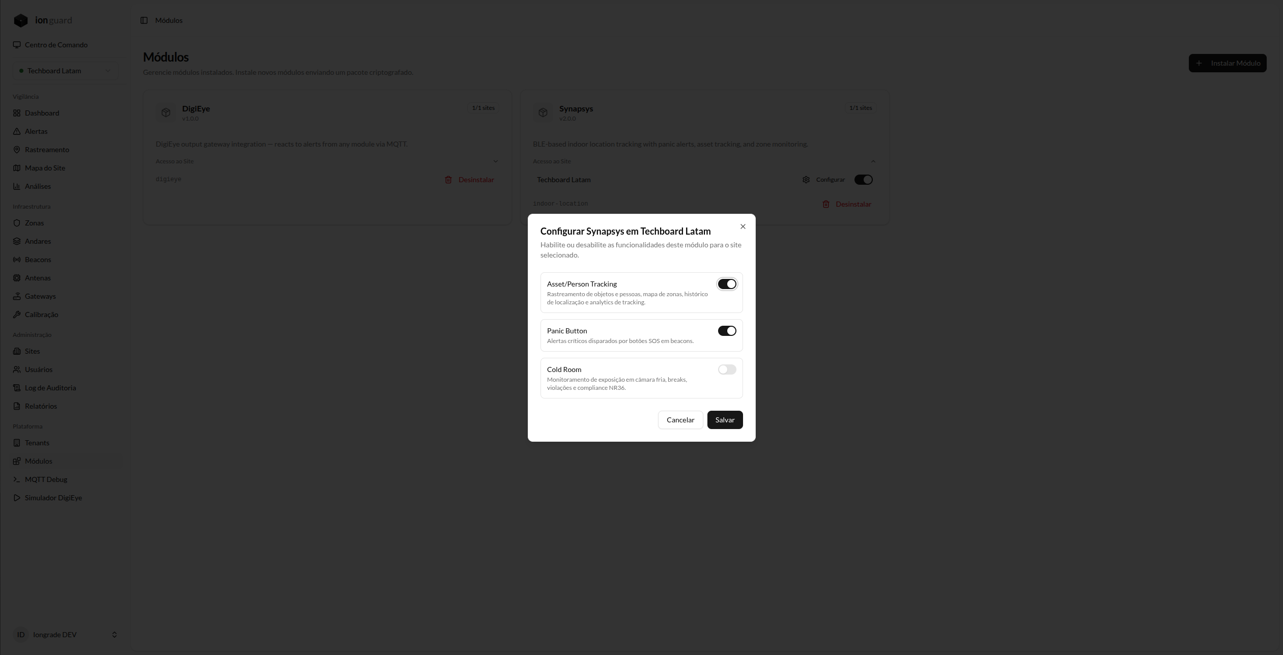 Tela de configuração do Synapsys por site, com os toggles de funcionalidades