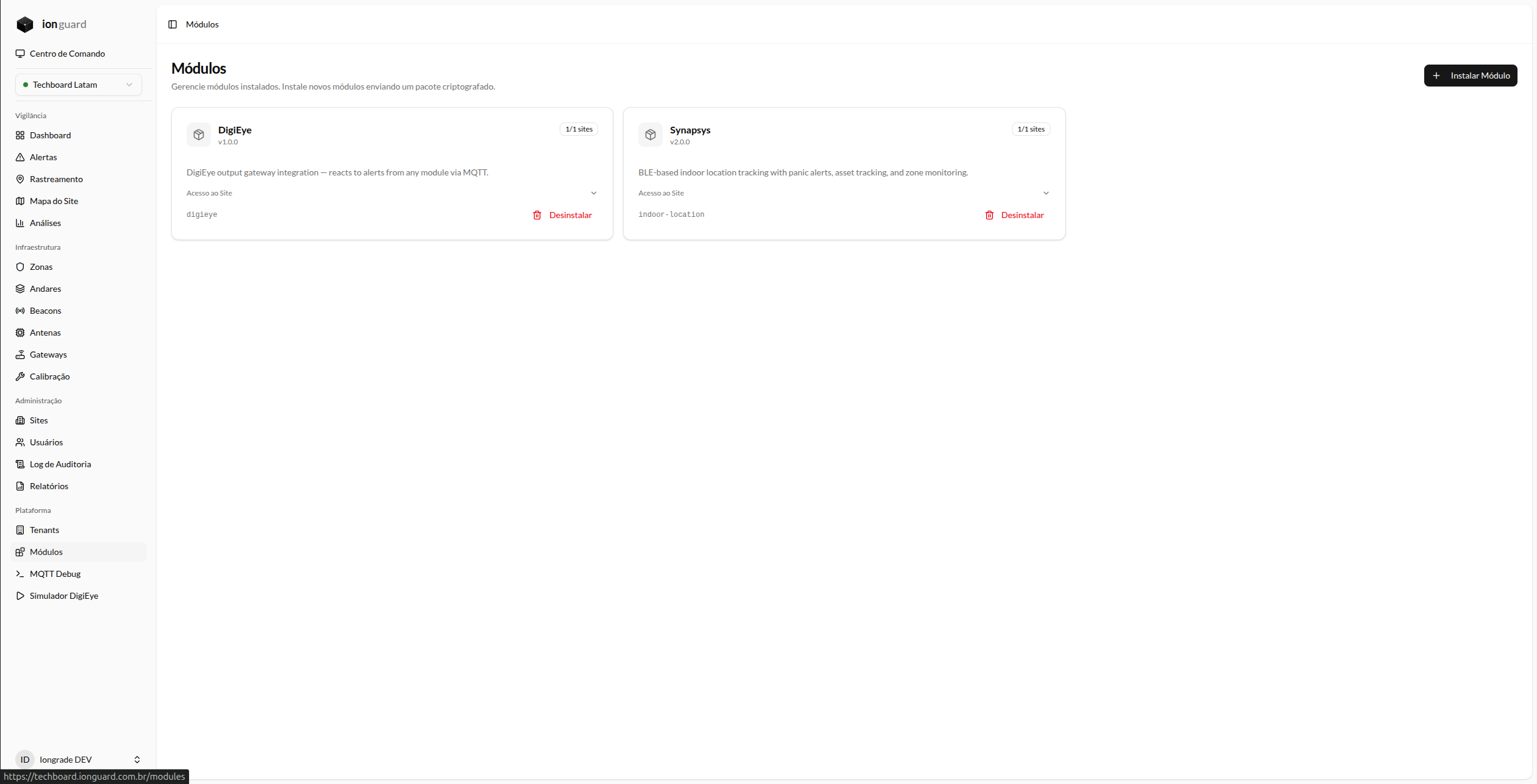 Grid de módulos instalados exibindo os cards (ex.: DigiEye e Synapsys)