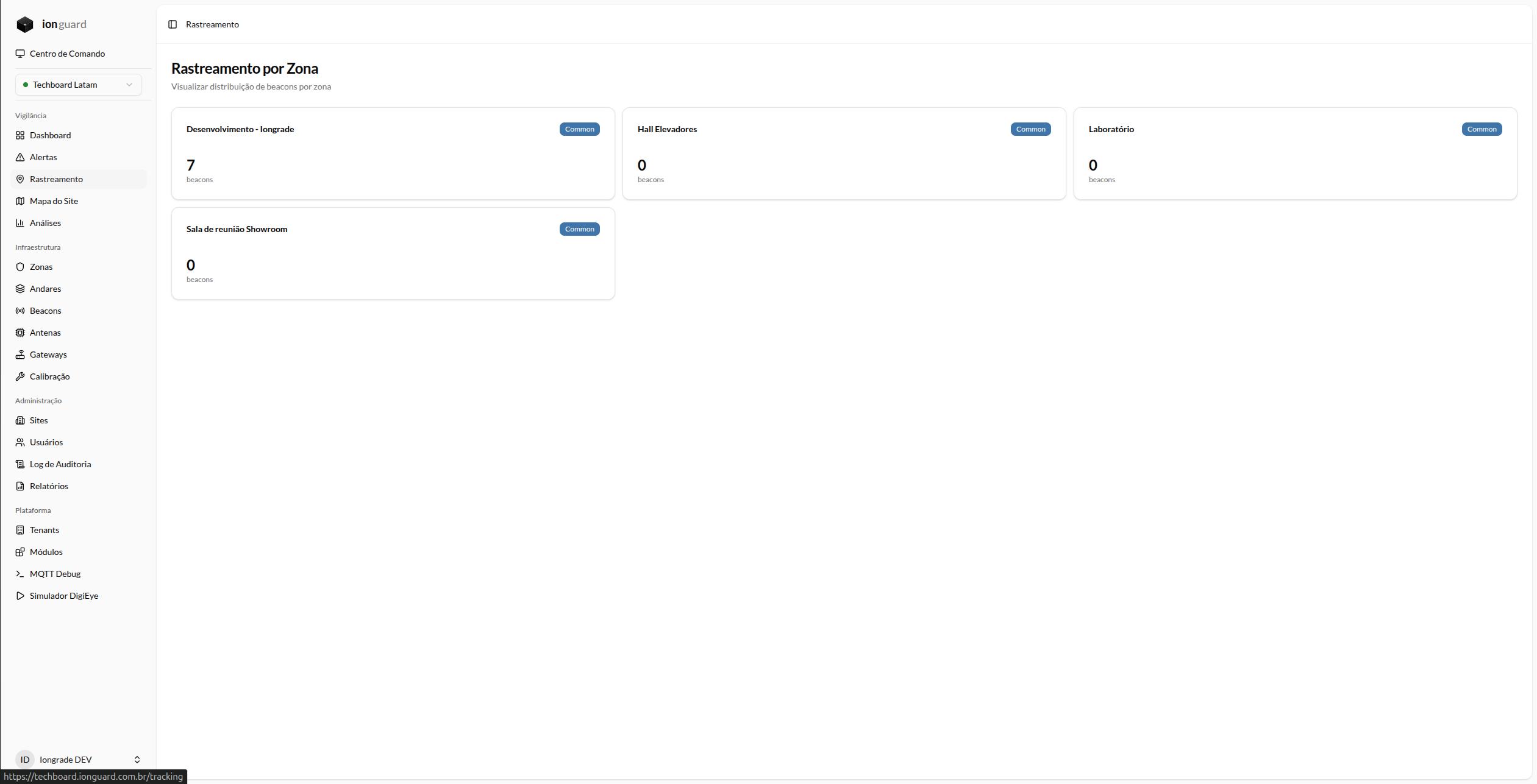 Página de rastreamento com os cards de zona e o número de beacons presentes em cada uma