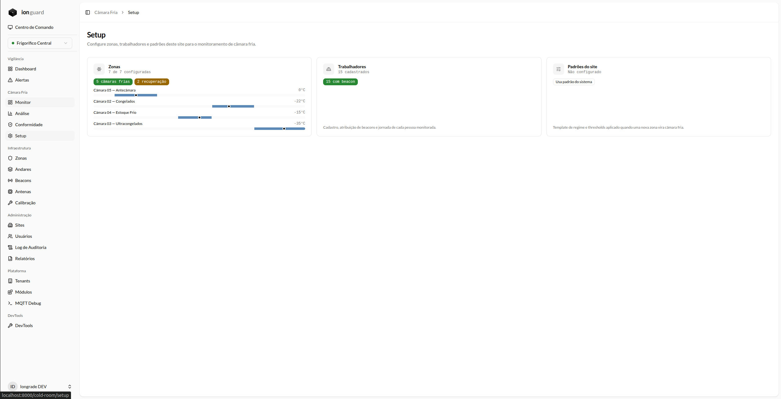 Página de Setup: visão geral das três áreas de configuração. Os indicadores mostram quantas zonas estão configuradas e quantos trabalhadores estão cadastrados