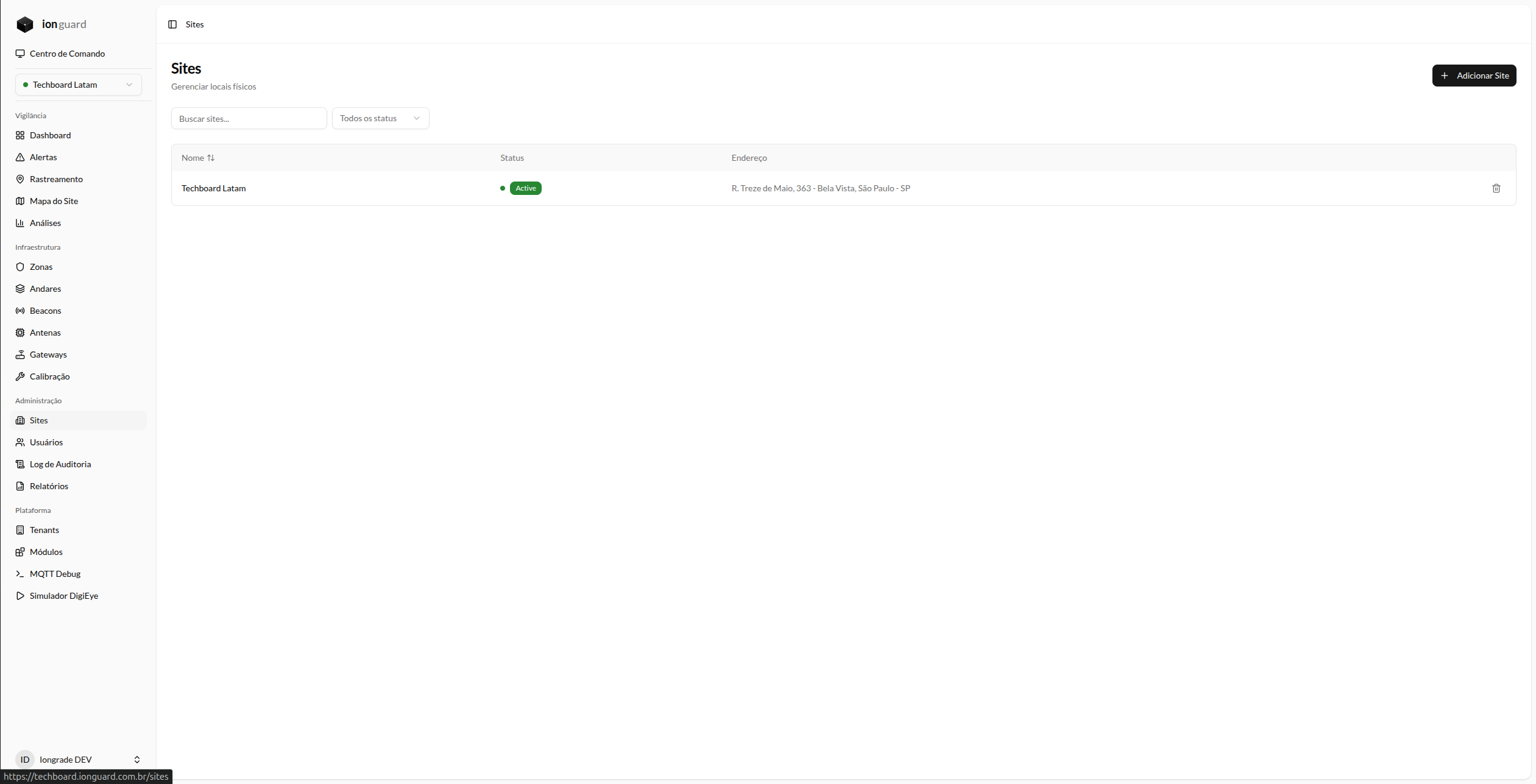 Lista de sites com status e endereço